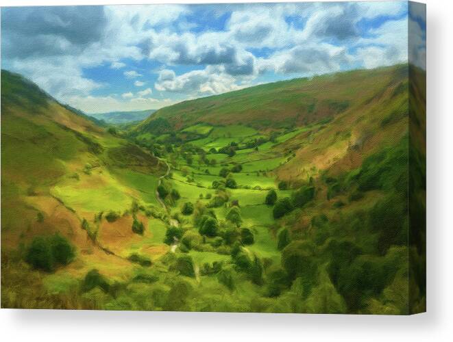 England Canvas Print featuring the photograph Digital oil painting of the view down valley from top of Pistyll by Steven Heap