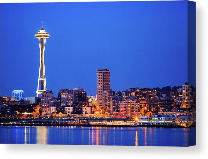 Tranquility Canvas Print featuring the photograph Downtown Seattle City Skyline At Night by Feng Wei Photography