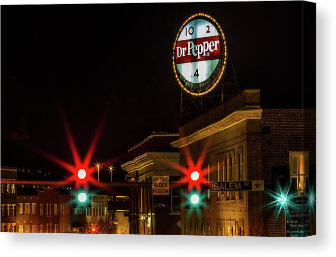  Dr Pepper Sign Neon Sign Canvas Print featuring the photograph Dr Pepper Neon Sign Roanoke, Virginia. by Julieta Belmont
