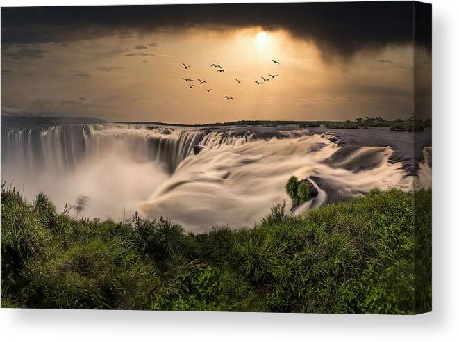Landscapes Canvas Print featuring the photograph Dreamlike View Of Iguazu Falls At Sunset by Marcel Strelow