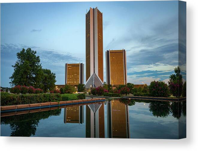 America Canvas Print featuring the photograph Dusk Reflections of the Tulsa CityPlex Towers by Gregory Ballos