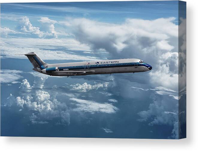 Eastern Airlines Canvas Print featuring the mixed media Eastern Airlines DC-9 Among the Clouds by Erik Simonsen