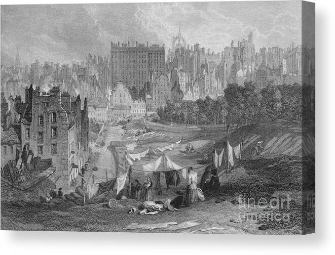 Engraving Canvas Print featuring the drawing Edinburgh Old Town From Princes Street by Print Collector