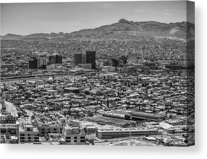 El Paso Canvas Print featuring the photograph El Paso, Texas and Ciudad Juarez skyline black and white by Chance Kafka