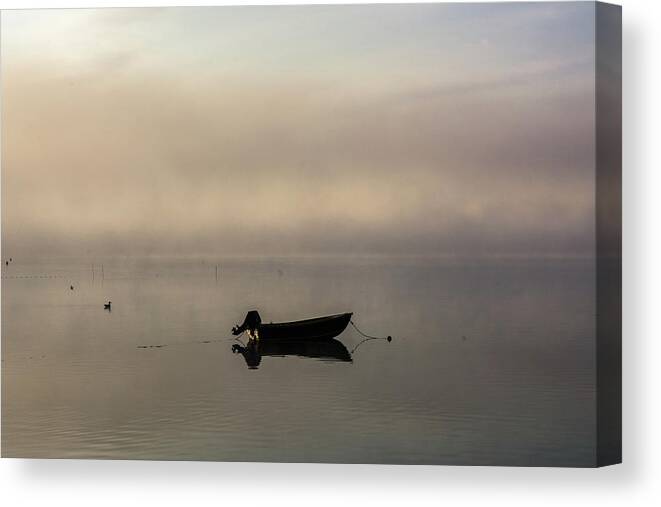 Fog Canvas Print featuring the photograph Ethereal Foggy Harbour by Douglas Wielfaert