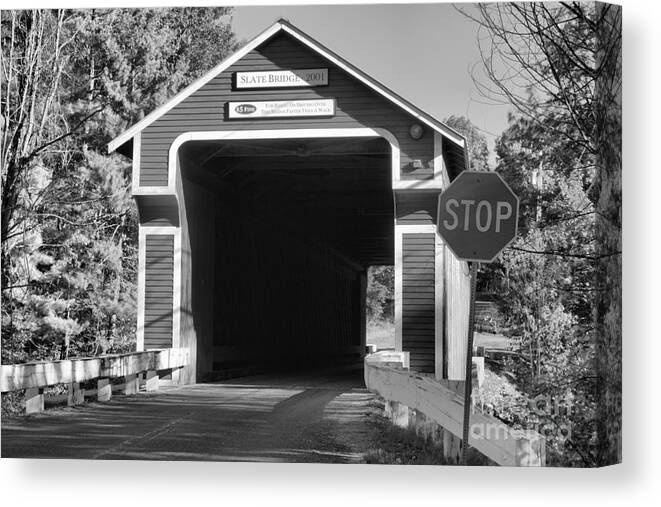 Slate Covered Bridge Canvas Print featuring the photograph Evening At The Slate Covered Bridge Black And White by Adam Jewell