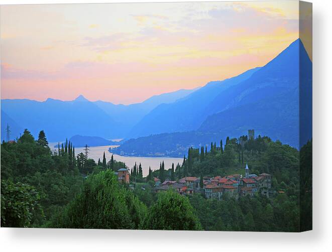 Scenics Canvas Print featuring the photograph Evening Light Over Lake Como And Castle by Kathy Collins