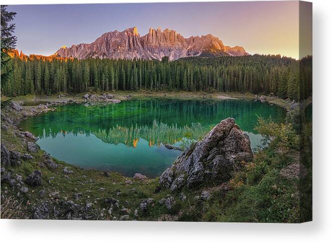 Europe Canvas Print featuring the photograph Evening on Rainbow Lake by Dmytro Korol