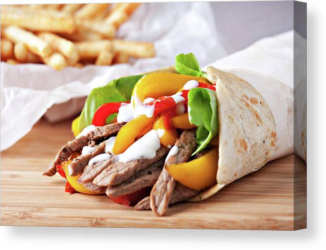 Chicken Meat Canvas Print featuring the photograph Fajitas With Fries by Svariophoto