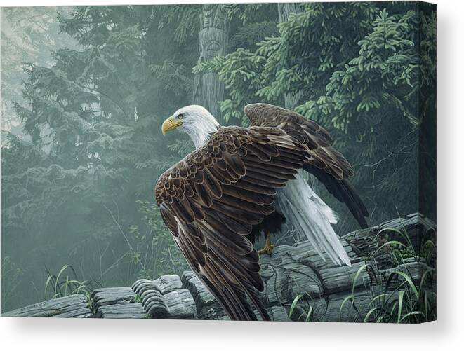 An Eagle Perched On A Totem Pole That Has Fallen Over Canvas Print featuring the painting Fallen Totem by Ron Parker