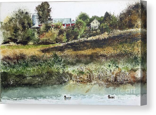 Two Ducks Swim In A Farm Pond Near Lancaster Canvas Print featuring the painting Farm Pond by Monte Toon