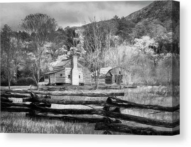 Barn Canvas Print featuring the photograph Fences and Cabins Cades Cove in Black and White by Debra and Dave Vanderlaan