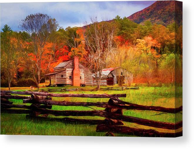 Barn Canvas Print featuring the photograph Fences and Cabins Cades Cove Painting by Debra and Dave Vanderlaan