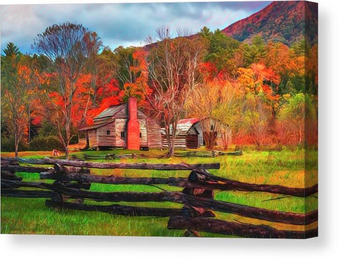 Barn Canvas Print featuring the photograph Fences and Cabins Cades Cove Watercolors by Debra and Dave Vanderlaan