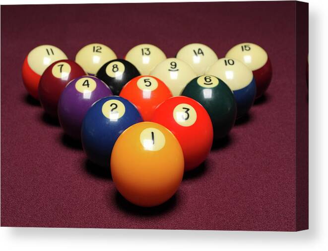 Recreational Pursuit Canvas Print featuring the photograph Fifteen Billiard Balls Arranged In by Nathan Allred