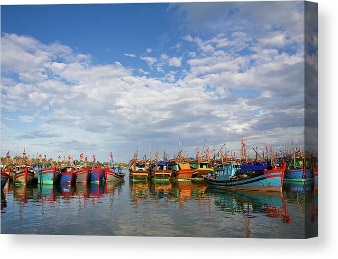 In A Row Canvas Print featuring the photograph Fishing Boats, Vietnam, Dong Hoi by Sam Spicer