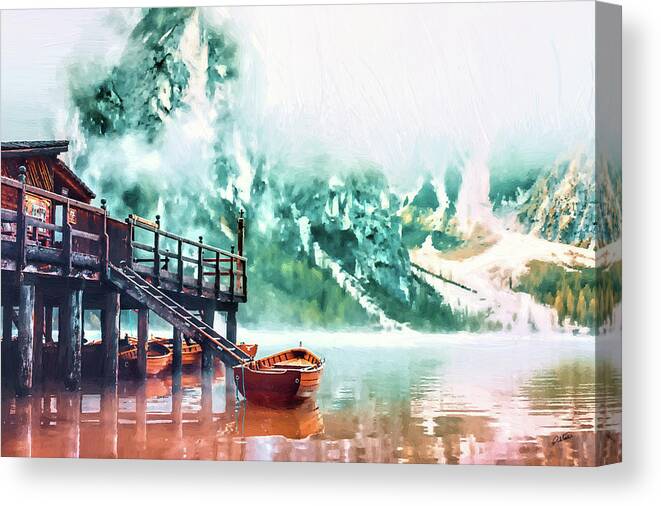 Landscape Canvas Print featuring the painting Foggy Morning at Lago Di Braies Italy - DWP1721011 by Dean Wittle