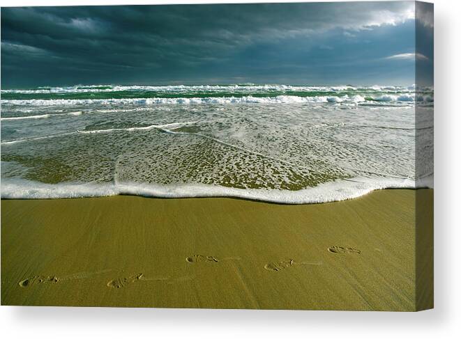 Water's Edge Canvas Print featuring the photograph Footsteps And Storm Light by Jill Ferry