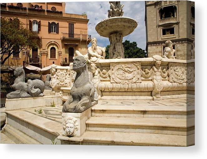Architectural Feature Canvas Print featuring the photograph Fountain Of Orion, Messina, Sicily by Design Pics