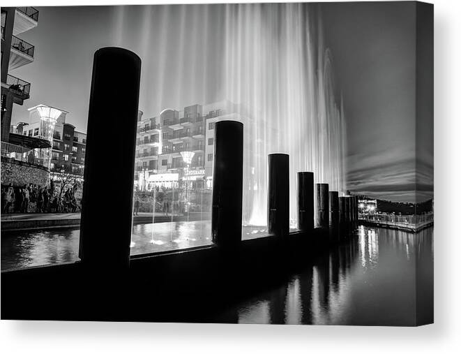 America Canvas Print featuring the photograph Fountain Show at Branson Landing - Lake Taneycomo Waterfront - Monochrome by Gregory Ballos