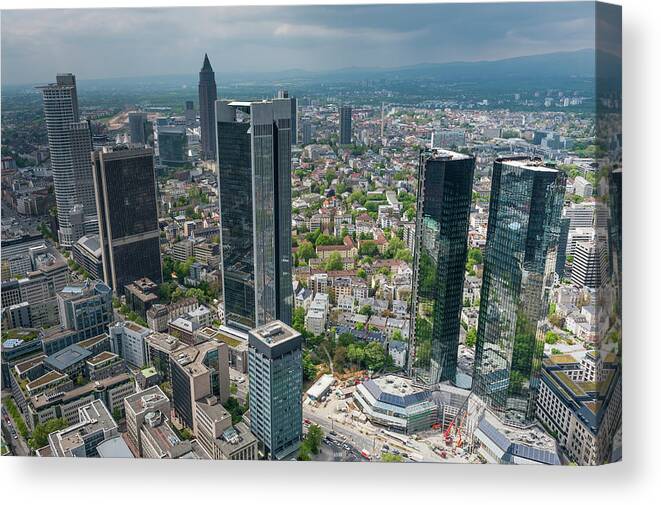 Central Bank Canvas Print featuring the photograph Frankfurt Downtown Skyscrapers Aerial by Fotovoyager