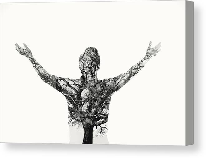 People Canvas Print featuring the photograph Freedom - Double Exposure Man With Tree by Themacx