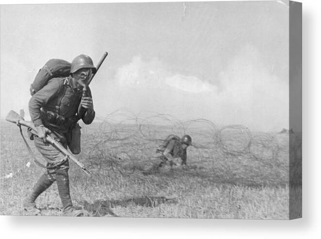 Sports Helmet Canvas Print featuring the photograph Gas Masked Russian by Hulton Archive
