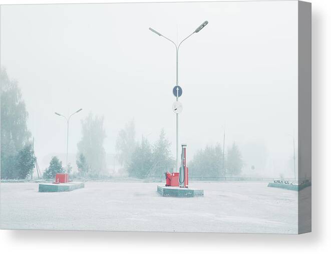 Tranquility Canvas Print featuring the photograph Gas Station Empty In Dense Fog by Dmitry Savin