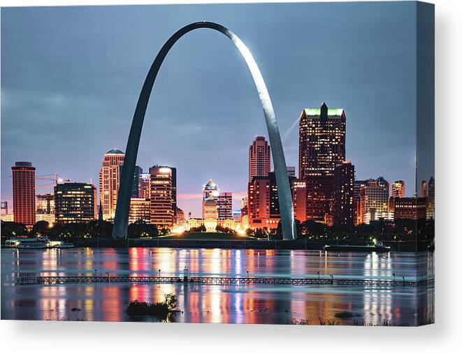 America Canvas Print featuring the photograph Gateway Arch and Saint Louis Skyline on the Mississippi River by Gregory Ballos