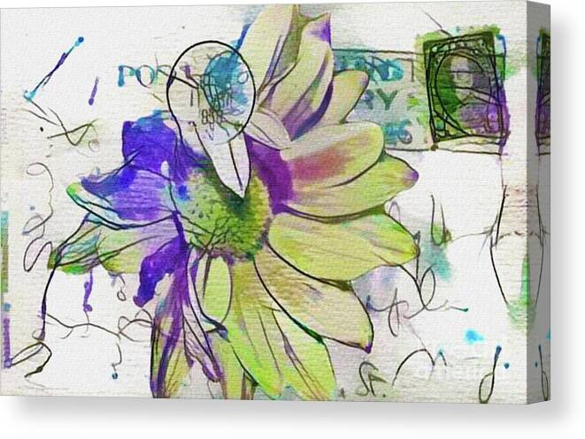 Daisy Canvas Print featuring the digital art Gerbera Daisy on Vintage Postcard Ink Wash by Nina Silver