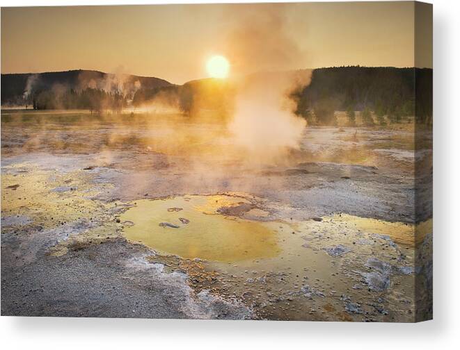 Tranquility Canvas Print featuring the photograph Geyser Basin Sunrise, Yellowstone by Alan Majchrowicz