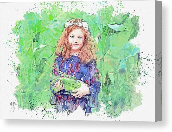 Girl Canvas Print featuring the painting Girl Standing in a Cornfield Carrying Corn watercolor by Ahmet Asar by Celestial Images