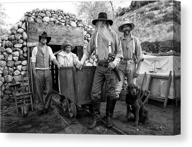 Pets Canvas Print featuring the photograph Gold Miners In Front Of A Mine Shaft by Jay P. Morgan