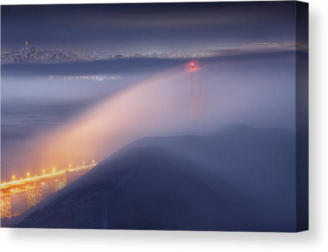 Landscape Canvas Print featuring the photograph Golden Gate Bridge In The Fog by Jinghua Li