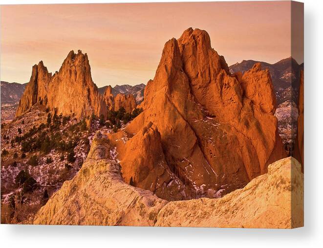 Tranquility Canvas Print featuring the photograph Golden Sunrise At Garden Of The Gods by Ronda Kimbrow Photography