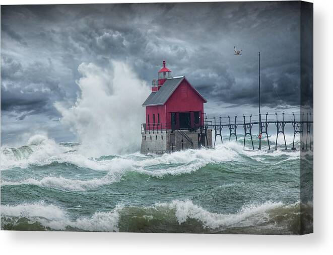 Lighthouse Canvas Print featuring the photograph Grand Haven Lighthouse on Lake Michigan in a November Storm by Randall Nyhof