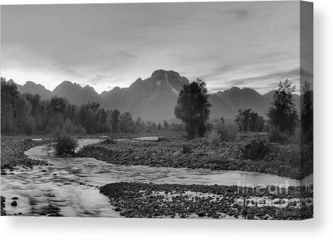 Grand Teton Canvas Print featuring the photograph Grand Teton Sunset Brilliance Black And White by Adam Jewell