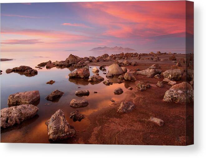 Utah Canvas Print featuring the photograph Great Salt Lake Sunset Glow - Great Salt Lake, Utah by Brett Pelletier