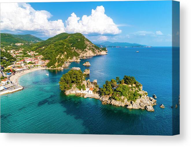 Estock Canvas Print featuring the digital art Greece, Epirus, Preveza, Mediterranean Sea, Parga, Aerial Of Panagia Chapel On Panagia Island By Parga In Spring Later Afternoon by Armand Ahmed Tamboly