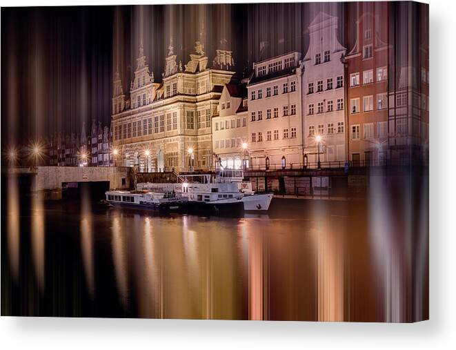 Gdansk Canvas Print featuring the photograph Green Gate and Motlawa River Gdansk Poland by Night by Carol Japp