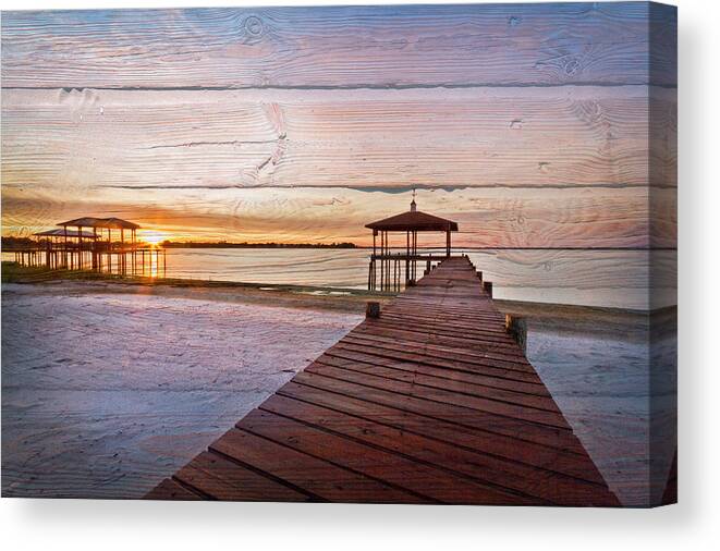 Boats Canvas Print featuring the photograph Happiest Hour with Wood Textures by Debra and Dave Vanderlaan