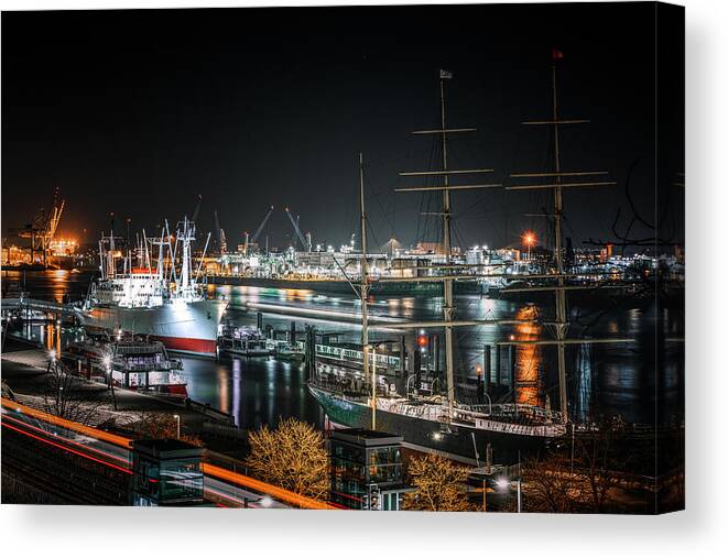 Night Canvas Print featuring the photograph Harbourscape by Jrgen Mu