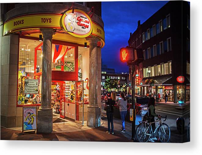 Harvard Canvas Print featuring the photograph Harvard Square Cambridge MA at NIght by Toby McGuire