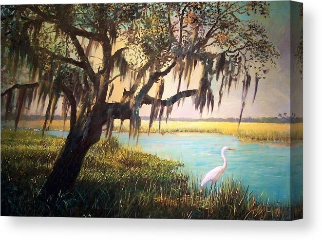 Marsh Canvas Print featuring the painting Heron and Live Oak Tree by Blue Sky
