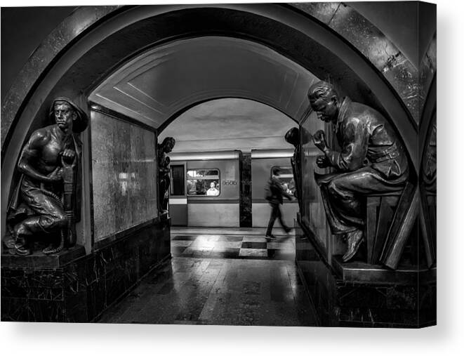 Moscow Russia Subway Surveillance Silhouette Statue Street Man Passenger Canvas Print featuring the photograph High Surveillance by Michel Groleau
