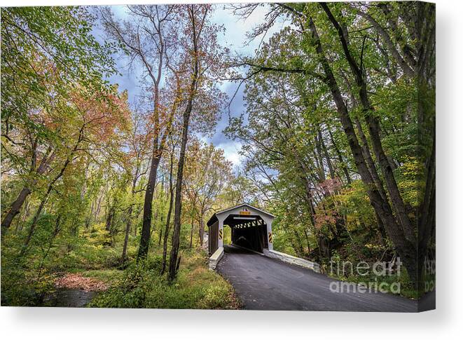 Bridge Canvas Print featuring the photograph Historic Covered Bridge in rural Pennsylvania during Autumn by Patrick Wolf