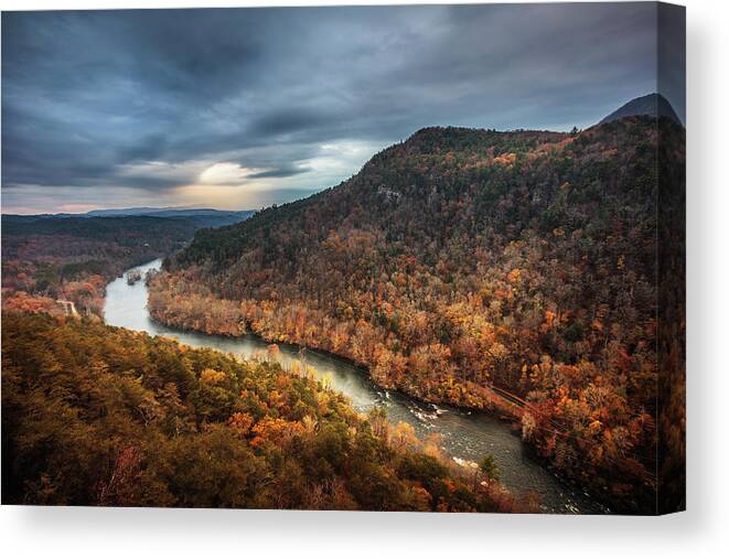Hiwassee Canvas Print featuring the photograph Hiwassee River Sunlight In Storm by Steven Llorca