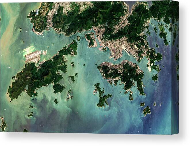 Satellite Image Canvas Print featuring the digital art Hong Kong from space by Christian Pauschert