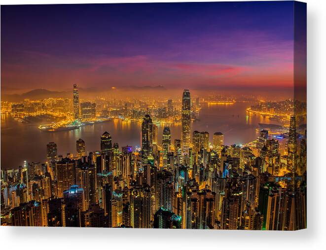 Skyscrapers
Sunrise
Hong Kong
Lights
Clouds
Skylines Canvas Print featuring the photograph Hong Kong Sunrise by Jay Zhu