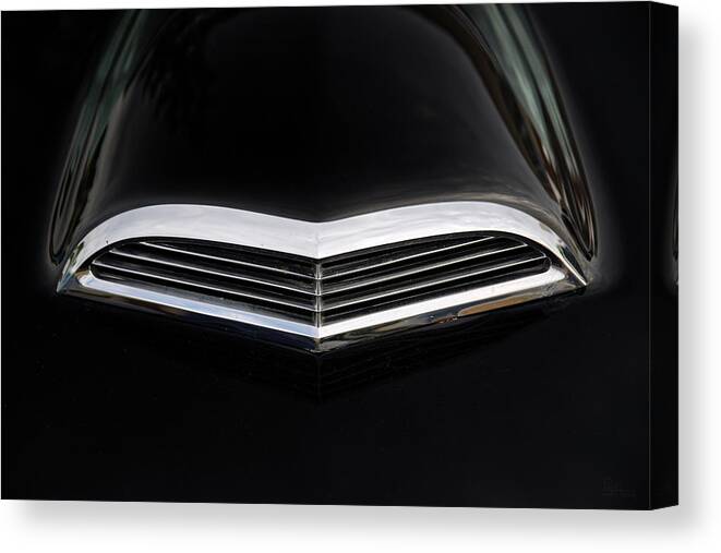 1955 55 Ford Thunderbird Dramatic Angle Perspective Car Vintage Black Canvas Print featuring the photograph Hood detail of 1955 Vintage Black Ford Thunderbird by Peter Herman